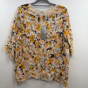 Solitaire Ravi Khosla Embroidered Tunic Womens L Mustard Boho Floral NWT